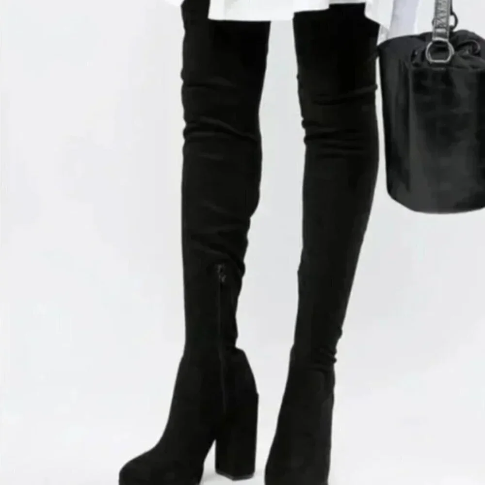 ASOS Thigh High Over the Knee Block Heel Almond Toe Suede Boots